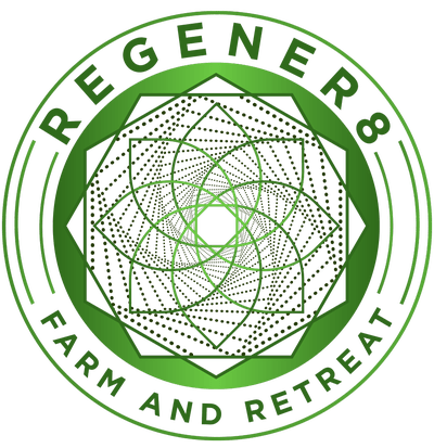 Logo of Regener8 Farm and Retreat featuring a green geometric design with a circular emblem, symbolizing sustainability and wellness. The text "REGENER8" is prominently displayed at the top, with "FARM AND RETREAT" at the bottom, emphasizing the holistic nature of the retreat.